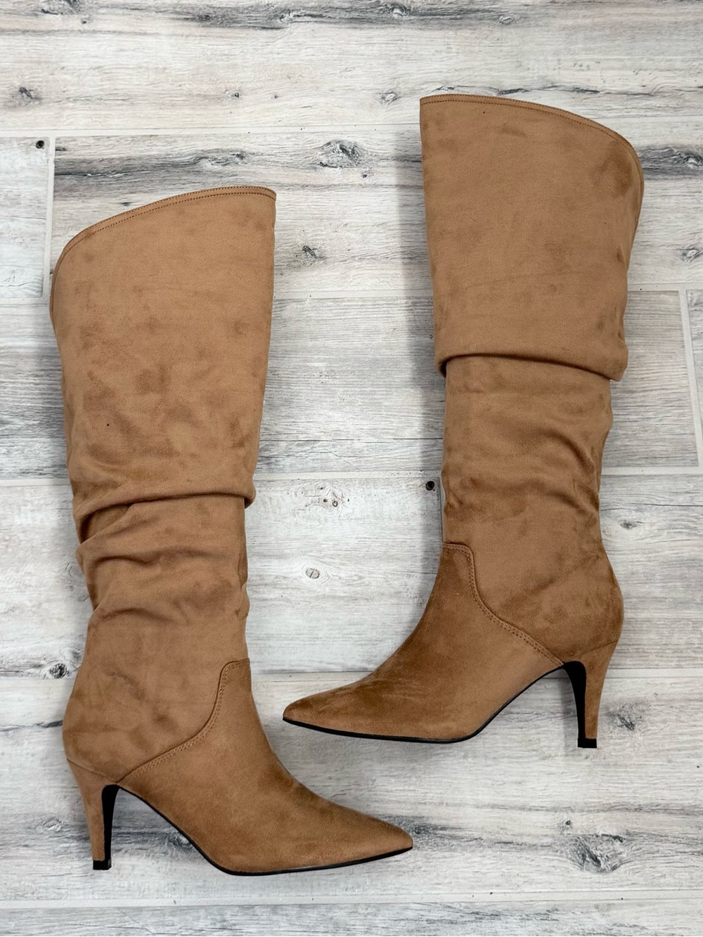 Coffee Slouchy Faux Suede Wide Calf Kitten Heel Pointed Toe Knee High Boots